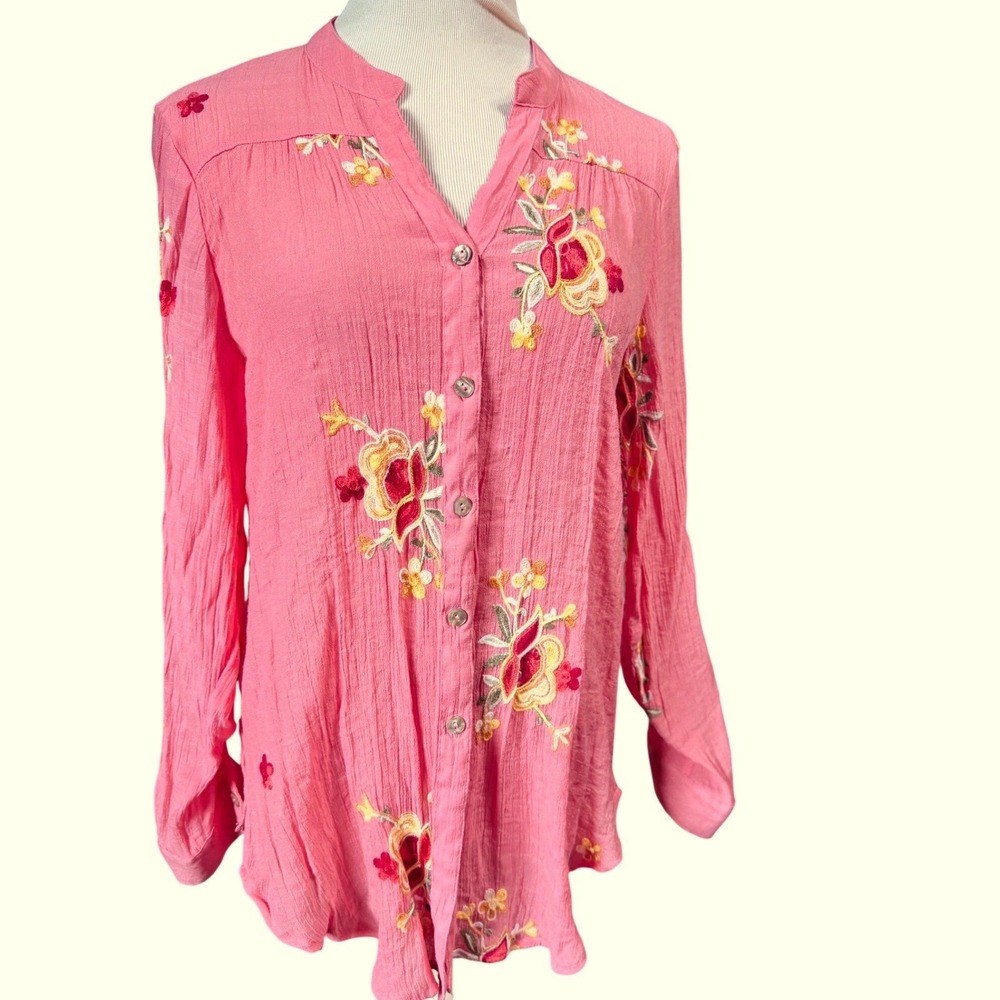 Hope Springs Blouse Womens Large Embroidered Floral Pink Button Down Boho Top